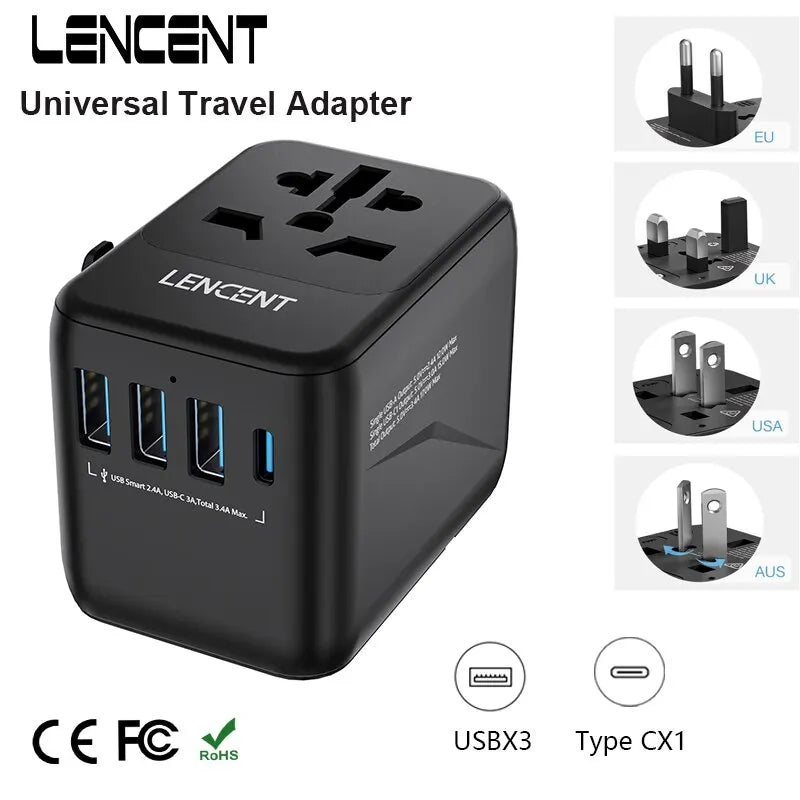 LENCENT Universal Travel Adapter with 3 USB Ports 1Type-C PD Charging All-in-one Travel Adapter EU/UK/USA/AUS Plug for Travel