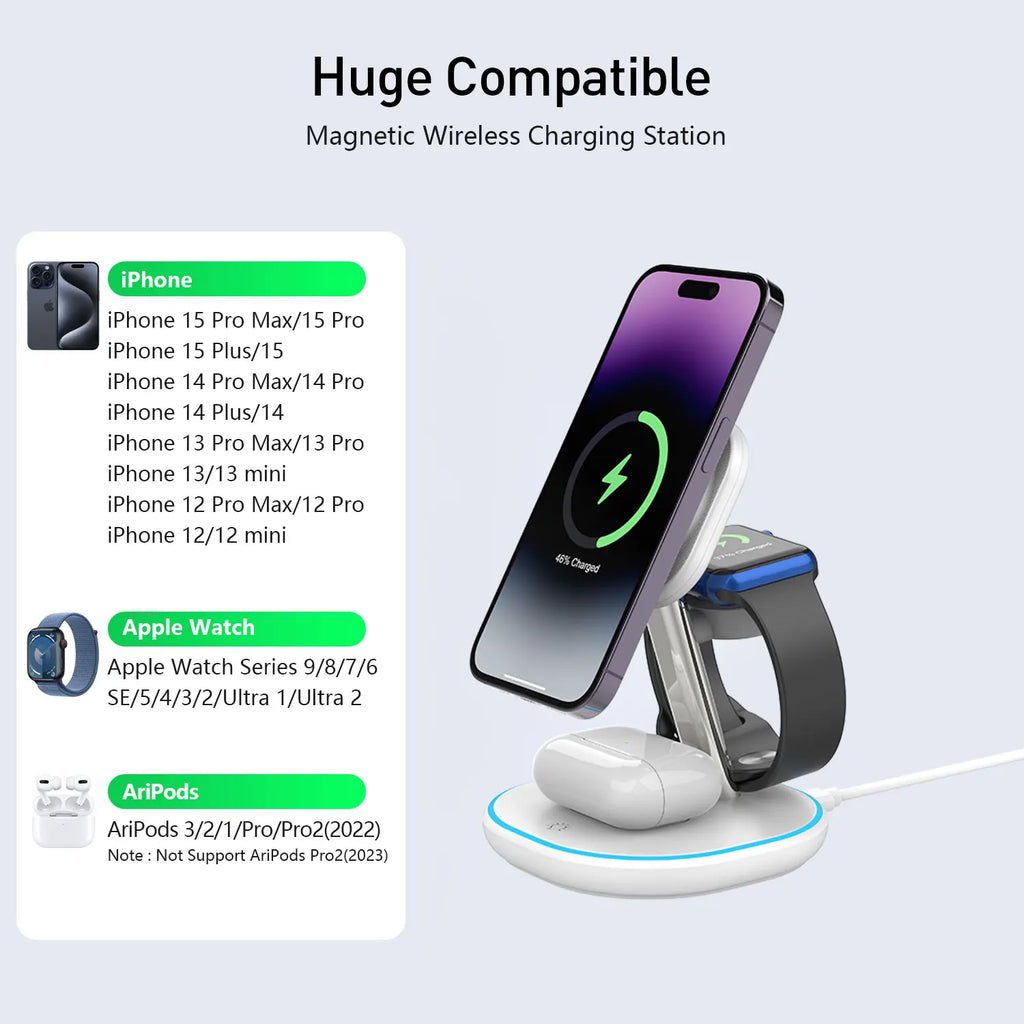 Qi2 3 in 1 Wireless Charger 15W For iPhone 16 15 14 13 12 Fast Charging Station For Apple Watch 10 9 8 7 6 5 for Airpods pro