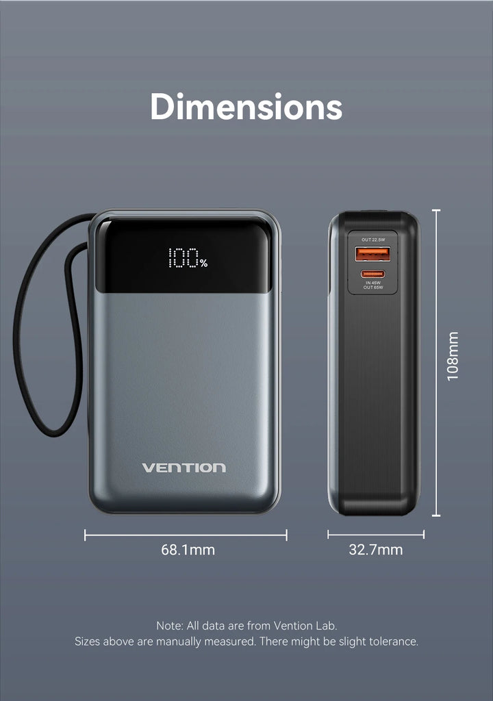 Vention 65W Portable Power Bank 20000mAh PD Fast Charging with Built-in USB Type-C Cable for Laptops iPhone 16 15 14 13 Pro Max