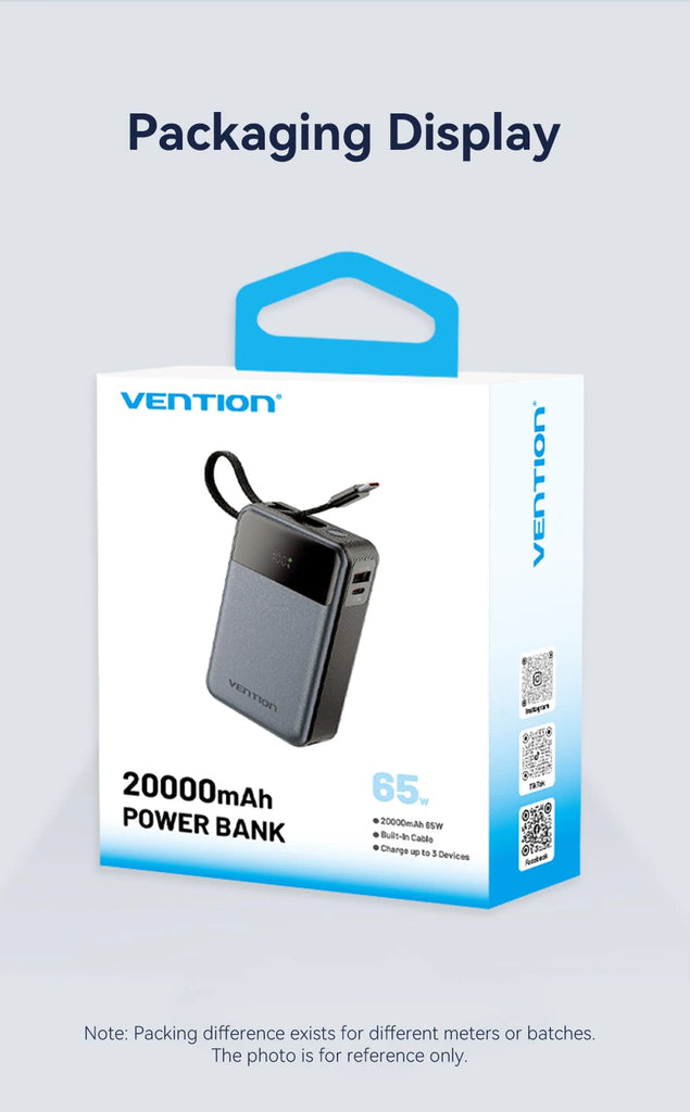 Vention 65W Portable Power Bank 20000mAh PD Fast Charging with Built-in USB Type-C Cable for Laptops iPhone 16 15 14 13 Pro Max