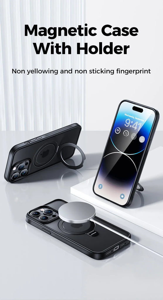 Joyroom Magnetic Phone Case for iPhone 14 13 Pro Max Frosted Ring Holder Phone Cover Wireless Charger Magnet Cover With Holder