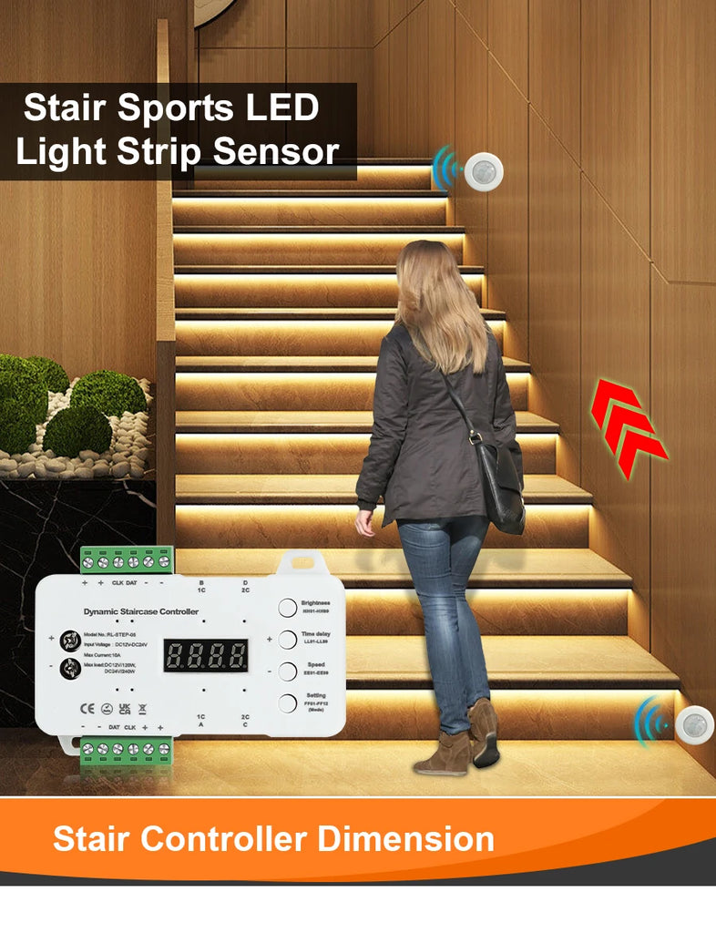 Intelligent Motion Sensor Stair Light Smart Controller 10 20 32 40 Steps Fast Install High Bright COB LED Strip Full Set STEP-05