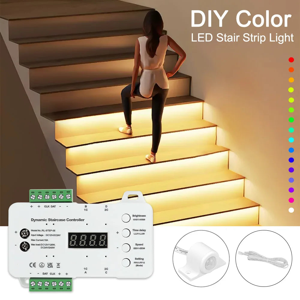 Intelligent Motion Sensor Stair Light Smart Controller 10 20 32 40 Steps Fast Install High Bright COB LED Strip Full Set STEP-05