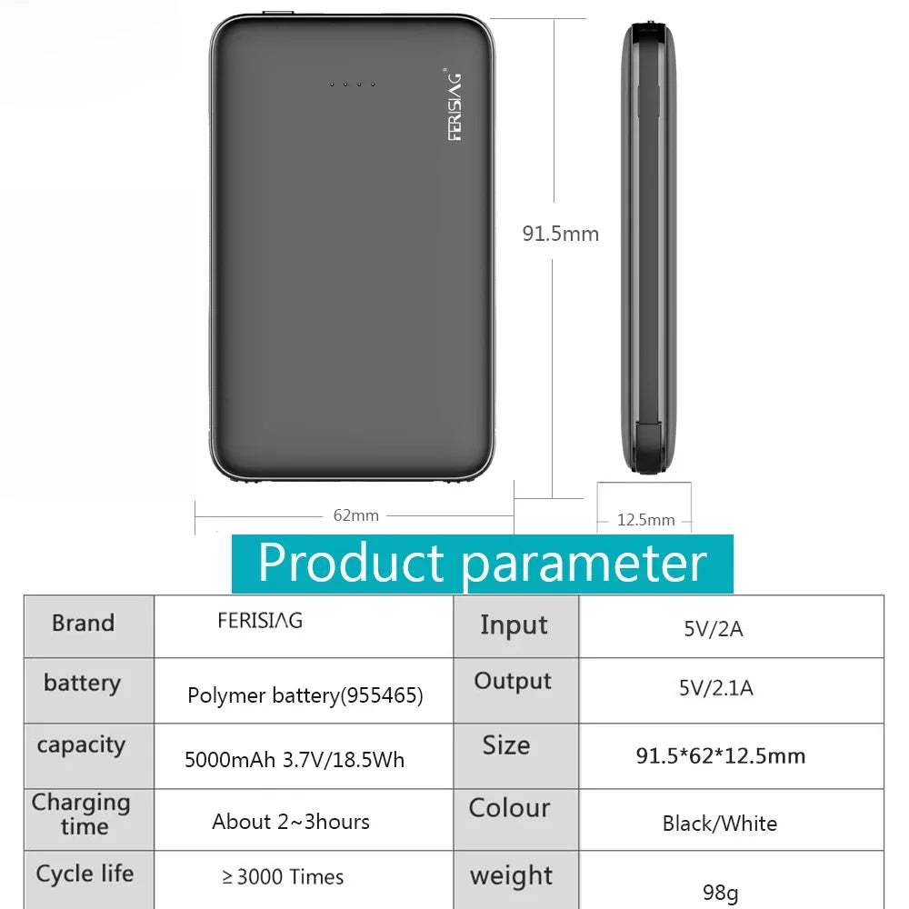 FERISING 5000mAh Power Bank USB Type C Mini Portable Charger PowerBank External Battery Charging for Mobile Phone Pover banks