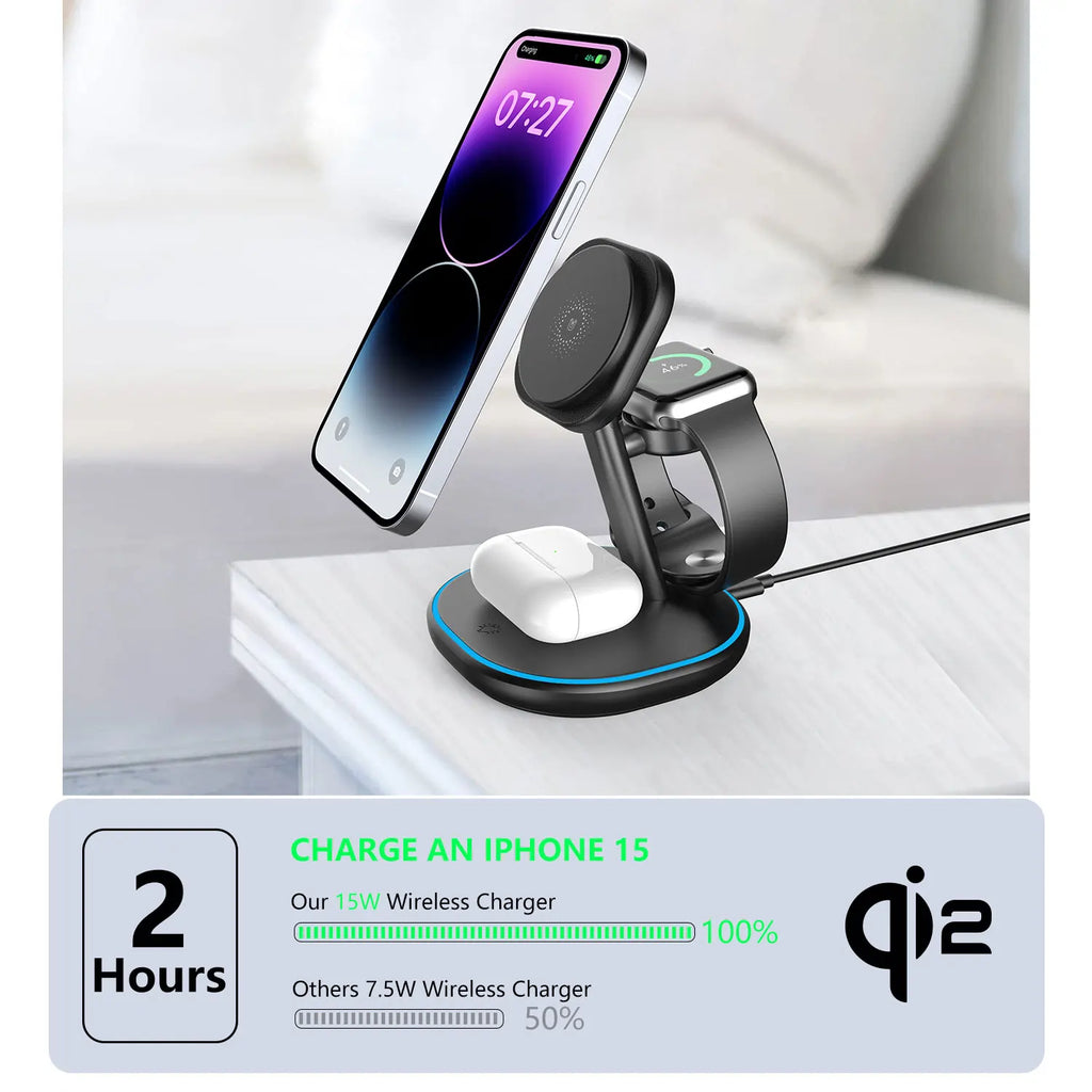 Qi2 3 in 1 Wireless Charger 15W For iPhone 16 15 14 13 12 Fast Charging Station For Apple Watch 10 9 8 7 6 5 for Airpods pro